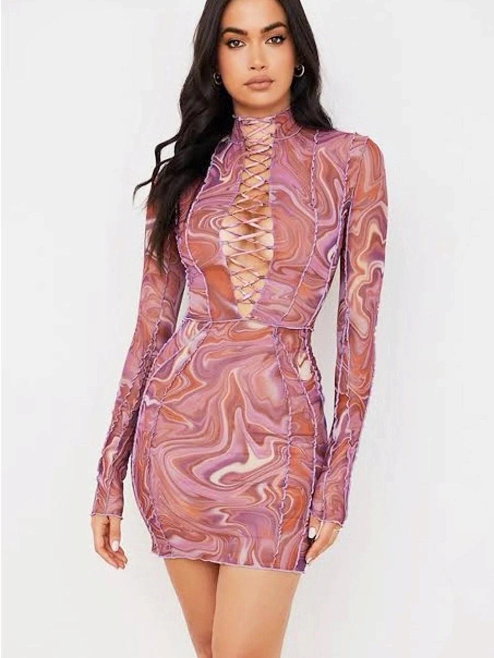 House of CB Dylan Purple Printed Mesh Lace Up Mini Dress Pink & Purple